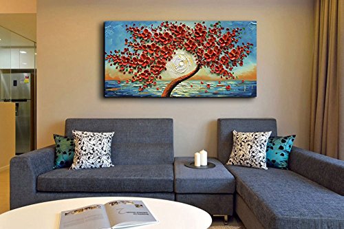 baccow - Seaview Modern Seascape Sunrise Hand Painted 3D Canvas Painting Artwork Red Texture Floral Trees Contemporary Wall Art Oil Painting on Canvas for Home Decorations Wall Decor 2448inch …