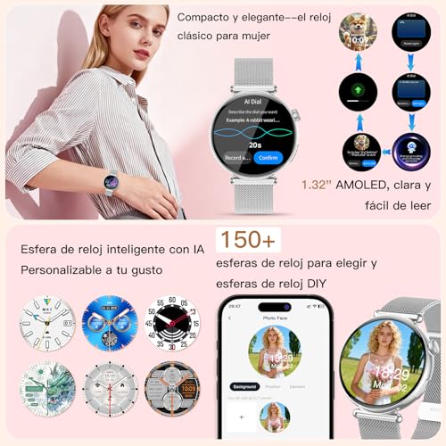 AI-GPT Reloj Inteligente Mujer con ECG Presión Arterial Función Femenina | 1.32"AMOLED Pantalla Reloj Salud,24H Pulsómetro HRV Sueño SpO2 Composición Corporal BMI Fatiga Emociones SOS 30s Mini Chequeo