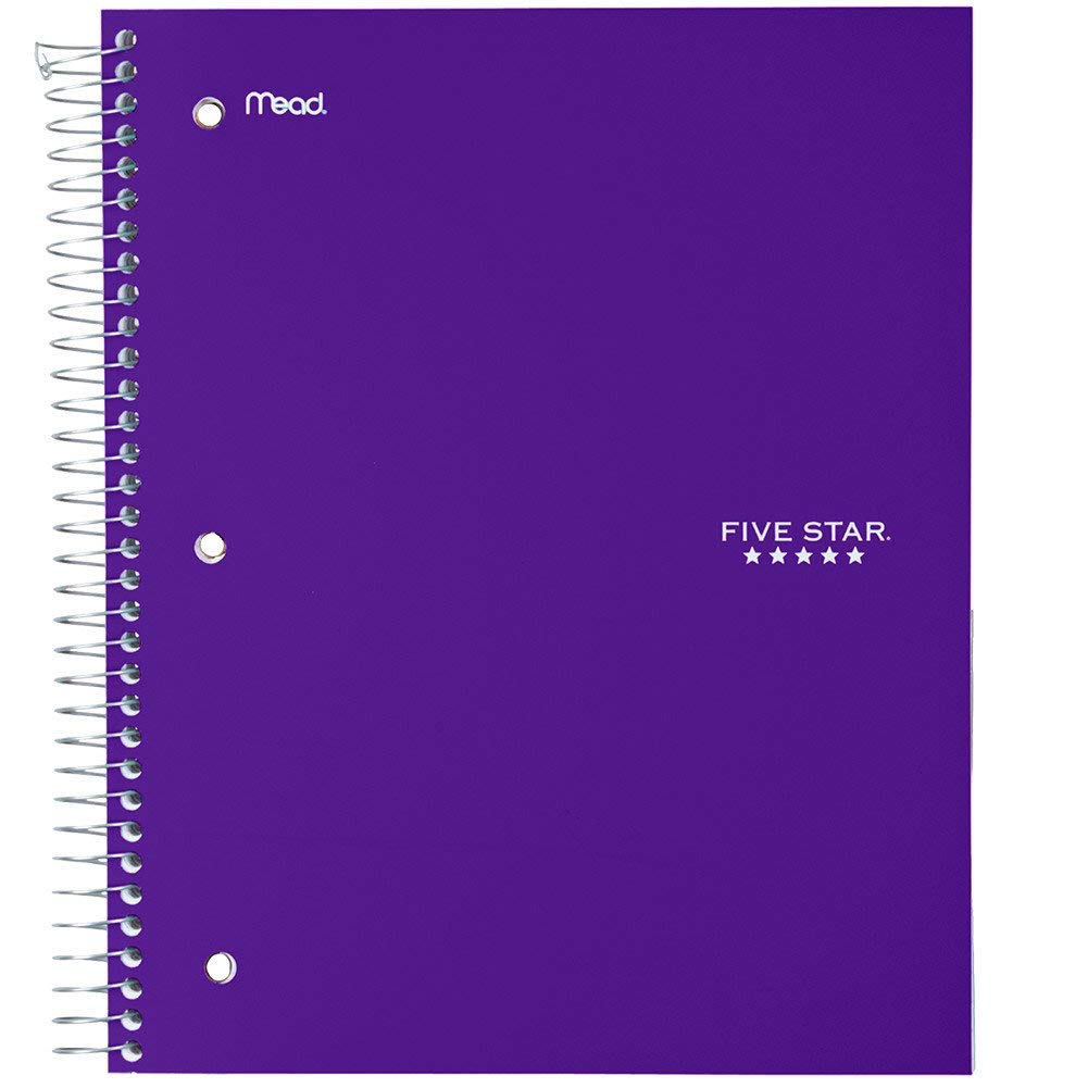 Five Star Spiral Notebook + Study App, 5 Subject, Wide Ruled Paper, Fights Ink Bleed, Water Resistant Cover, 8" x 10-1/2", 200 Sheets, Amethyst Purple (38739)