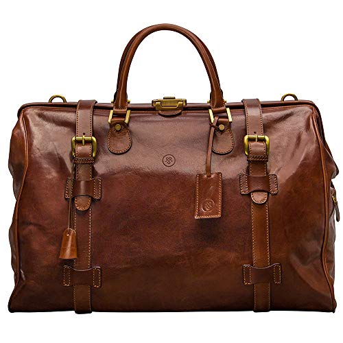 Maxwell ScottLuxury Classic Leather Gladstone Travel Bag with Key Lock and Buckle Strap - The Gassano Medium Chestnut Tan