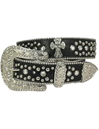 Cross Charm Rhinestone Stud Genuine Leather Belt (X-Large, Black)