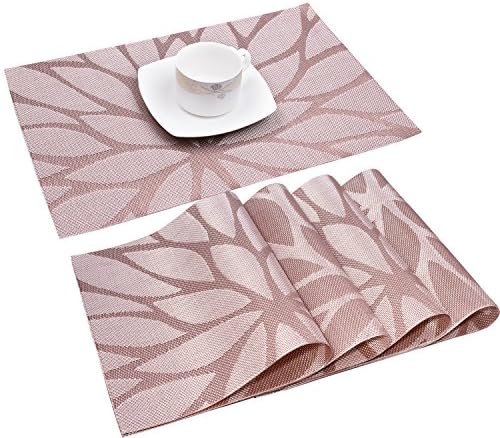 Placemats, Washable Heat Resistant Placemats for Table or Kitchen, Woven Vinyl Table Mats with Thermal Bonded Edges, Set of 4 (Lotus Leaf Brown)