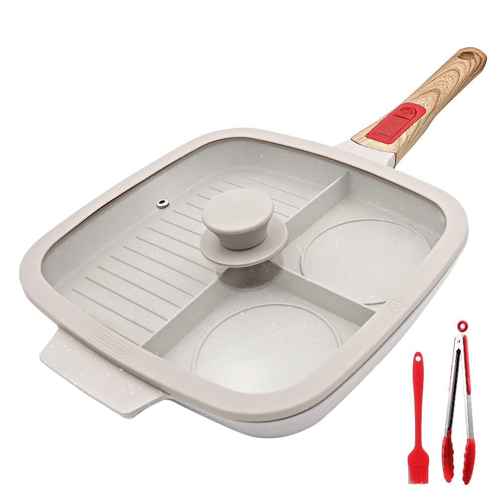 Photo 1 of Bobikuke 3 Section Grill Pan for Stove Tops with Detachable Handle, Nonstick Versatile Griddle Pan with Lid, Square Skillet PFOA Free, White
