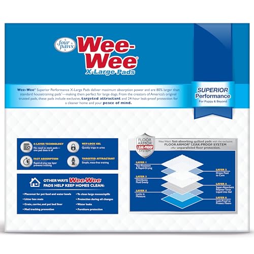 Four Paws Wee-Wee Superior Performance Extra Large Pee Pads for Dogs with Runoff Barrier Edge Guard Protection, Puppy & Dog Potty Training Pads, Housebreaking Supplies, 28" x 34" (200 Count)