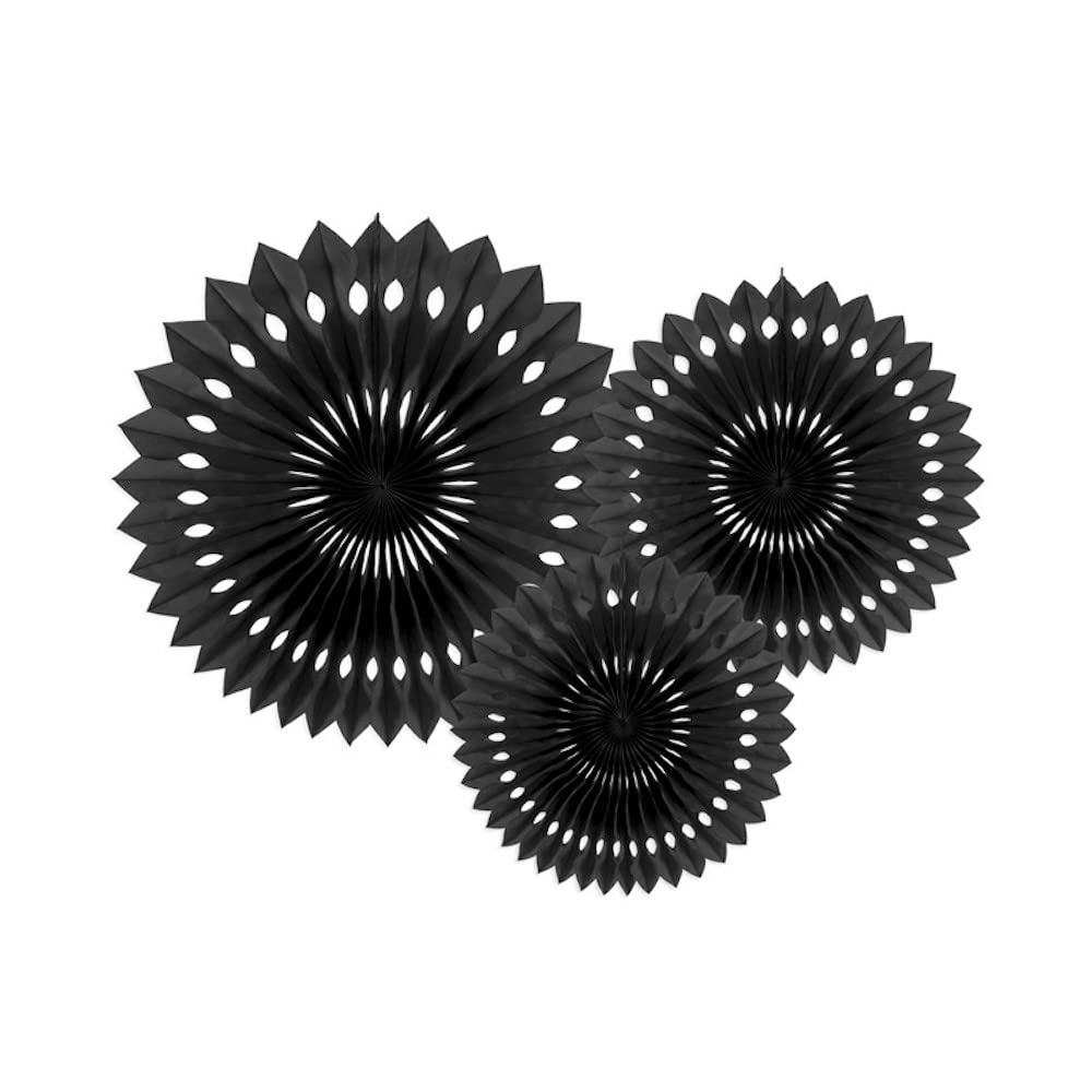 PartyDeco Pack of 3 Fabric Fan-shaped Decorations. Black to Hang at Home for Ceremonies or Marriage