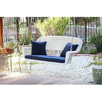 Jeco Wicker Porch Swing In Espresso With Red Cushion