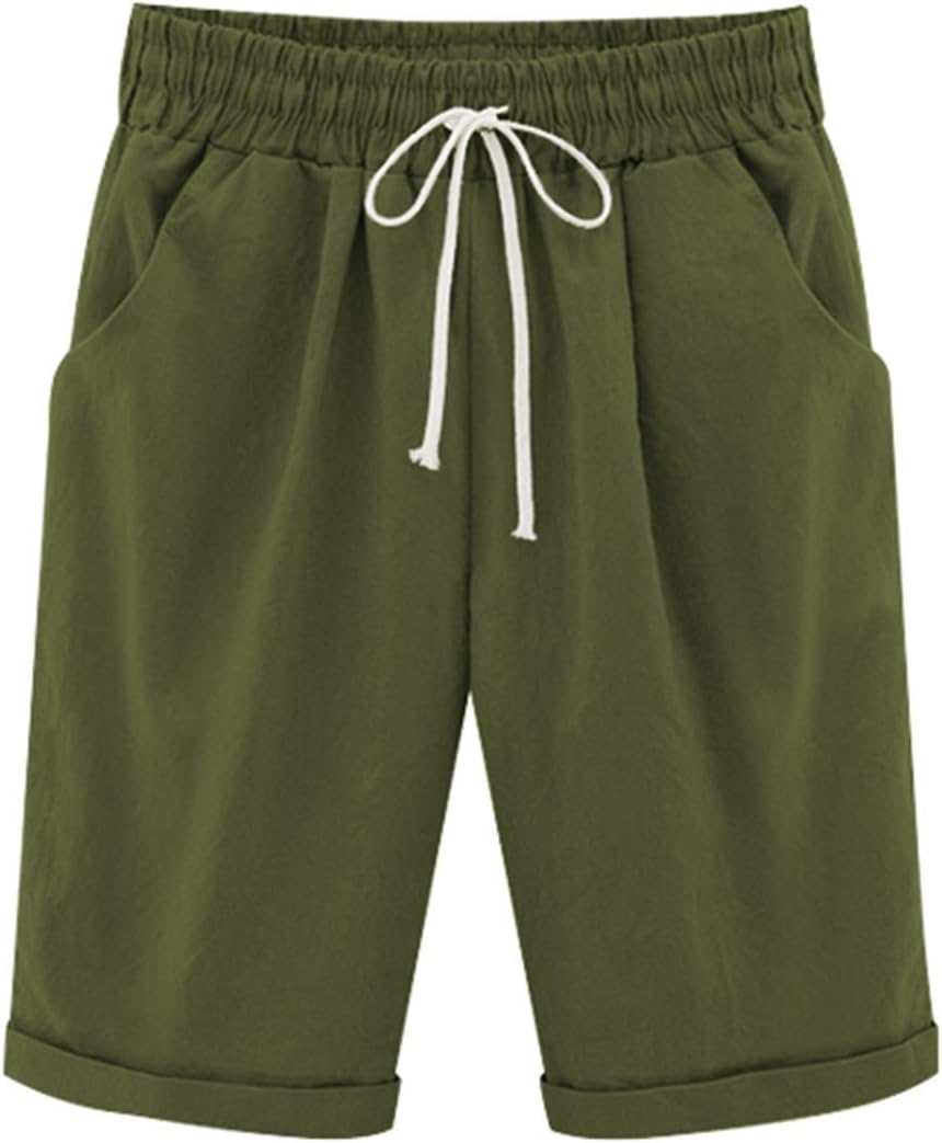 Vcansion Women's Casual Cotton Elastic Waist Knee Length Bermuda Shorts with Drawstring