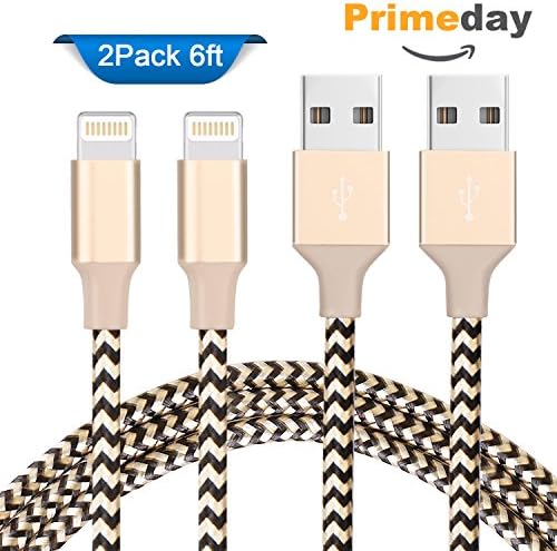 iPhone Charging Cables, 2 Pack 6Ft Elktry Fast Speed Nylon Braided Charger Cord Fast Sync &amp; Data Cable Tangle-Free for iPhone 7 7 Plus 6 6S 6 Plus 6S Plus SE 5S 5C 5 iPad Pro Air iPod (Rippled Gold)