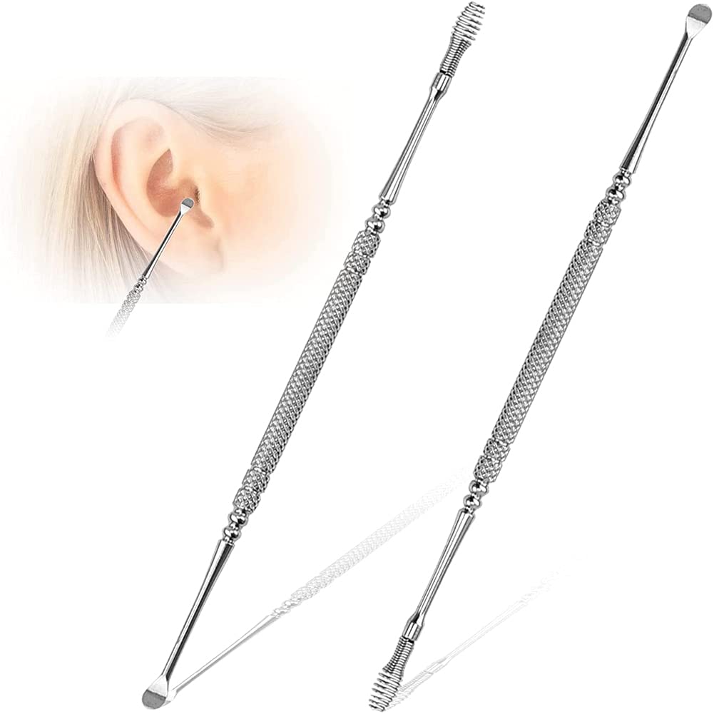 WeforU 2Pcs Dual Head Spring Ear Cleaner,Stainless Steel Ear Cleaning Tool,Ear Wax Removal Tools,Spring Ear Spoon for Kids and Adults