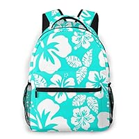 HUNANing Fashion Leisure Backpack for Girls and Boys, College Student School Laptop Daypack Teen Lightweight Casual Bookbags, High Capacity Travel Bag - Bright Turquoise Tropical Hibiscus