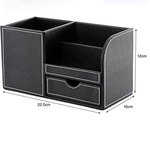 Zubita Multi-Functional Pencil Holder, Office Desk Organizer PU Leather and Wood Business Cards Holder and Pen Container Desk Supplies Organizer for Pens Pencils Mobile Phone and Cards ( Black ) - Thumbnail 2