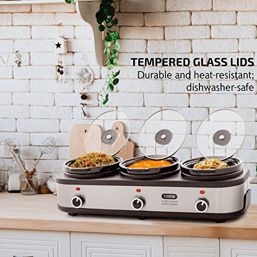 Ovente Stainless Steel Triple Slow Cooker Buffet Server with Glass Lid