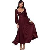 Mimyau Women’s Satin Midi Wedding Guest Dress Formal Pleated Long Sleeves Prom Dress