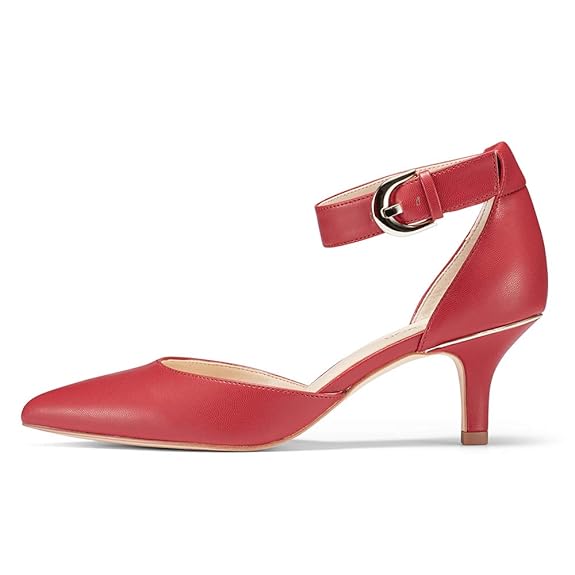 Womens Kitten Heel Pumps RED Shoes Closed Pointed Toe Ankle Strap Dress