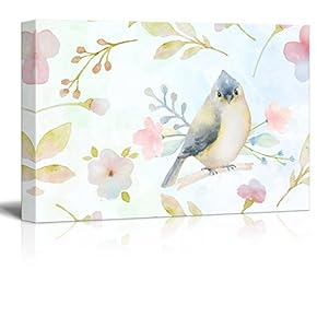 Canvas Wall Art - Watercolor Style Painting with Bird and Floral Patterns - Giclee Print Gallery Wrap Modern Home Art Ready to Hang - 12x18 inches