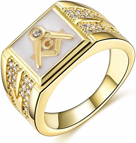 Songdetao 18K Gold Plate Men's Masonic White Lodge Mason Crystal Freemason Rings Sz 11