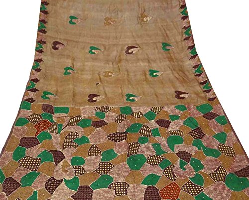 Vintage Pure Khadi Silk Saree Fabric Indian Brown Antique Embroidered Sari 5YD