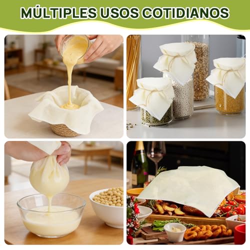 Cheese Cloth de Algodón 100% Natural - 12 Manta de Cielo Reutilizables 50x50 cm, Sin Blanquear - Grado Alimenticio, Colar Leche, Hacer Queso, Yogur - Tela Reforzada y Duraderos, Fácil Limpieza