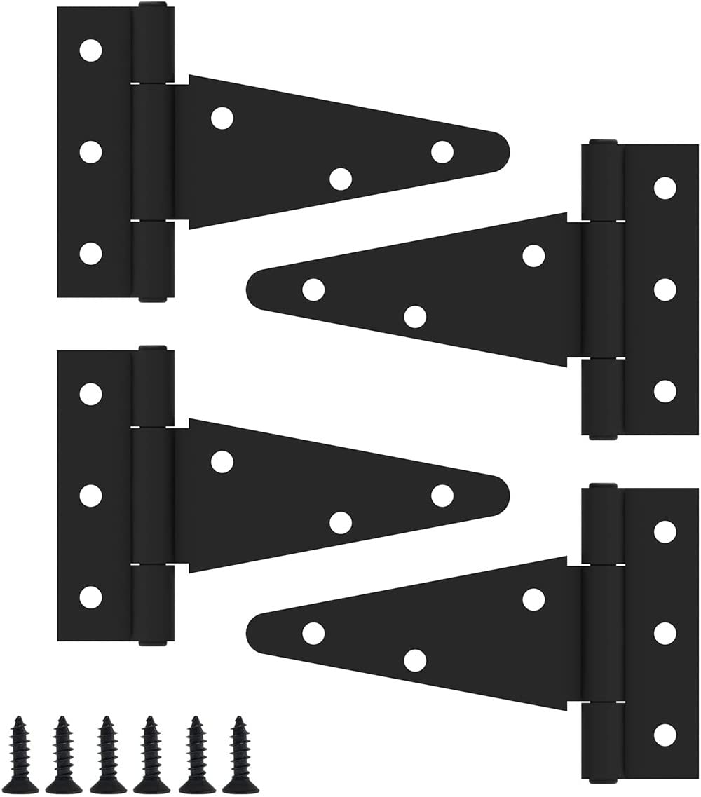 4 Pcs T-Hinge Gate Shed Hinges in Black, 4 Inch Door Barn Gates Hinges, Metal Heavy Duty Gate T-Strap Hinge with Screws