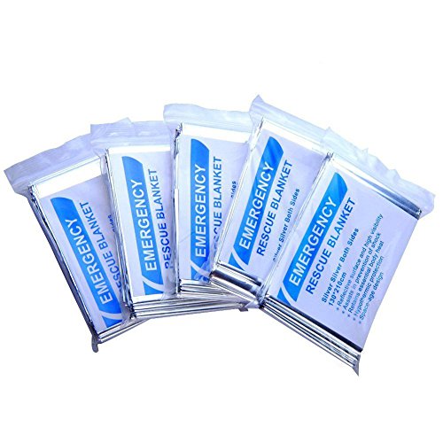 RISEN Emergency Blankets(5-Pack) with Waterproof Silver Mylar and up to 90% Heat Retention Thermal Blankets for First Aid Kit,Outdoors Survival,Camping,Hiking,Sports(51" x 83")