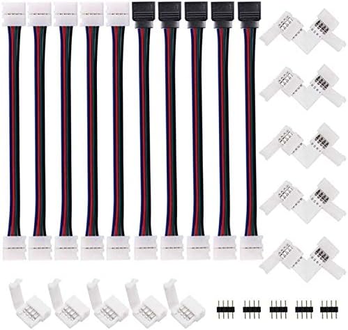 5050 4 Pin LED Strip Connector Kit - 10mm RGB LED Connector Kit Includes 5X Strip to RGB Controller Jumper, 5X LED Strip to Strip Jumper, 5X L Shape Connectors, 5X Gapless Connectors