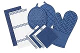 Sticky Toffee Silicone Printed Oven Mitt & Pot Holder, Cotton Terry Kitchen Dish Towel & Dishcloth, Dark Blue, 9 Piece Set