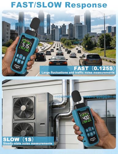 Fonometro, DURFICST Misuratore di Decibel con Misurazione di Temperatura e Umidità, 30-130 dB, Display LCD a Colori, Ponderazione A/C, Unità dB/SONE, Risposta VELOCE/LENTA, per Casa, Fabbrica, Ufficio