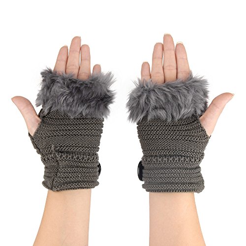 Zainafacai Warm Gloves,Women Girl Warm Winter Faux Rabbit Fur Wrist Fingerless Gloves Mittens (Deep Gray) - Thumbnail 2