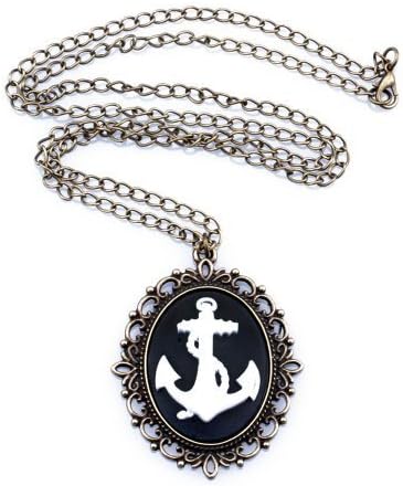 Vintage Anchor Necklace - Approx. 27.6in Long Chain Necklace - Sailor Tattoo Gem Cameo White