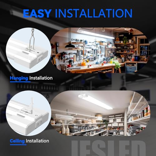 JESLED Linkable LED Shop Light for Garage, 4FT, 7500LM, Adjustable Power 30W/40W/50W, 3CCT 4000K/5000K/6500K, Plug-in Linear Worklight for Workshop, Hang or Flush Mount, ETL, EMC, FCC, White, 4-Pack