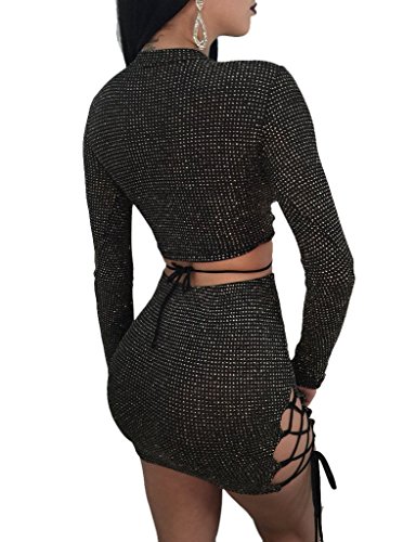 Halfword Womens Lace Up Bandage Bodycon Crop Top and Skirt Set 2 Piece Outfits Black M