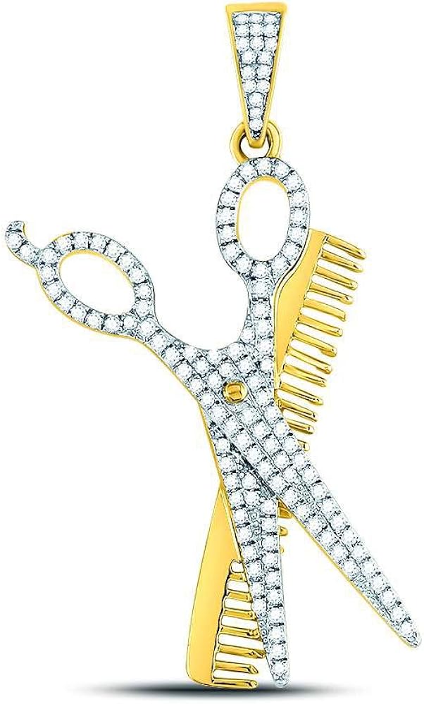 Solid 10k Yellow Gold Men's Round Diamond Scissors Comb Barber Charm Pendant 3/4 Ct.