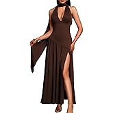ChiaoLezhee Women's Sexy Halter Dress with Scarf, Drop Waist High Slit Floor Length Wedding Guest Prom