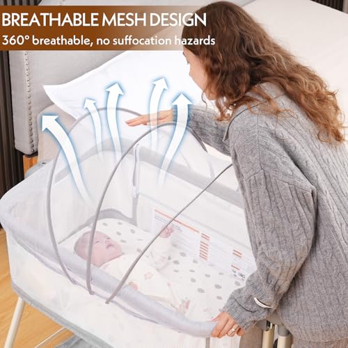 Baby Bassinet, Rocking Bassinet with Waterproof Sheets, Grey | 3 in 1 Baby Bassinets Bedside Sleeper 6 Height Adjustable Bedside Bassinet for Newborn