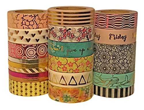 Washi Tape set of 20 - Decorative Craft Tape - extra long premium rolls (all but one are 10 meters/32.8 feet long) - new - 15 foil+5 non-foil rolls (195 meters or 639 total feet of tape)