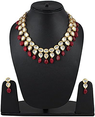 Stylish Maroon Stone Kundan Necklace Choker Chain Jewelry Set with Earring Stud Jewelry Fashionable for Women and Girls by Aradhya