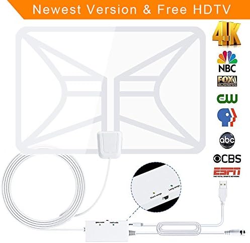 HDTV Antenna, Transparent Amplified Indoor Digital TV Antenna 50-80 Miles Range with 2018 Newest Type Switch Console Amplifier Signal Booster, USB Power Supply and 16.5FT Coax Cable (white)