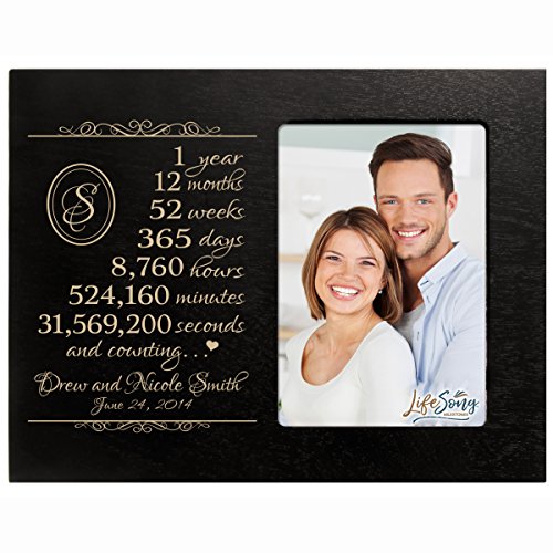 Personalized one year anniversary gift for her him couple Custom Engraved wedding gift for husband wife girlfriend boyfriend photo frame holds 4x6 photo by LifeSong Milestones (Black)