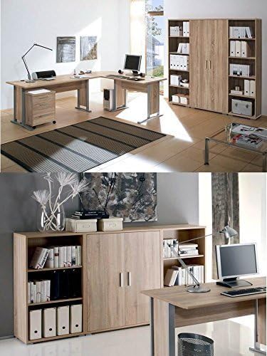 Cabinet De Travail Avec Bureau D Angle Kit Complet Avec Armoire De Rangement En Chene Sonoma Amazon Fr Fournitures De Bureau