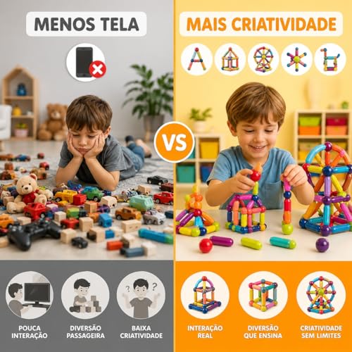 Blocos de Montar Magnéticos 64 Peças Construção 2D 3D Brinquedo Educativo Infantil Criatividade STEM Ímã Resistente Caixa