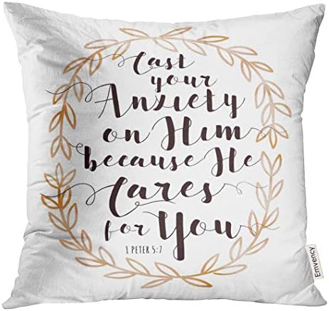 UPOOS Throw Pillow Cover Biblical Cast Your Anxiety on Him Because He Cares for You Bible Scripture Calligraphy with Watercolor Laurel Decorative Pillow Case Home Decor Square 20x20 Inches Pillowcase
