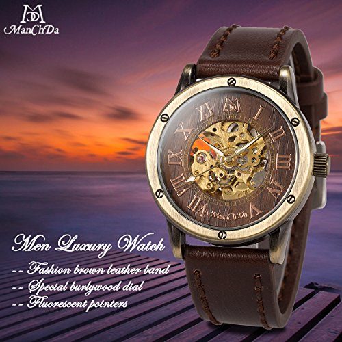 ManChDa Mens Wrist Watch Fashion Brown Leather Band Special Burlywood dial Automatic Mechanical Wrist Watch for Men + Gift Box - Thumbnail 3