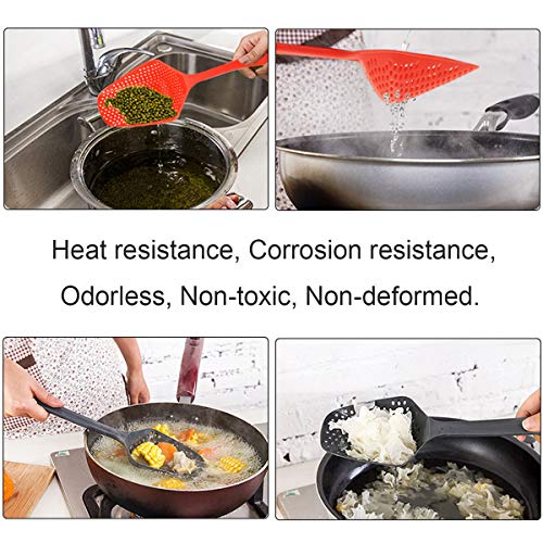 SKEMIX Kitchen Nylon Strainer Scoop Colander, Skimmer Spoon with Long Handle, Drain Shovel Strainers, Water Leaking Shovels Ice Shovel Colanders - Pack of 2 (Red and Black)) - Thumbnail 5