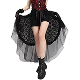 FURPHI Steampunk Tulle Bustle Skirt Gothic Black Tutu Dress with Drawstring Halloween Costume for Women