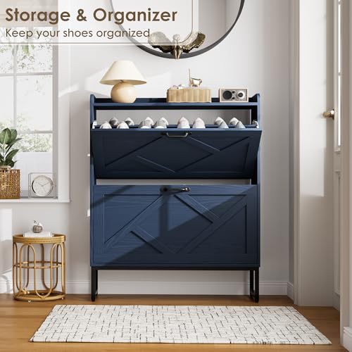 Nicetree Shoe Cabinet with 2 Flip Drawers, Narrow Shoe Storage Cabinet with Metal Legs, Freestanding Slim Shoe Organizer Cabinet for Entryway, Hallway, Foyer, Blue