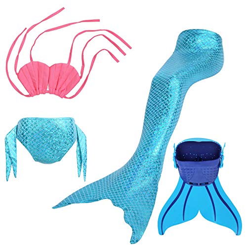 TSXGJ Girls Sparkle Mermaid Tail Swimsuit with Monofin for Swimming 4pcs Sets Swimmable Swimwear Bikini for Kids