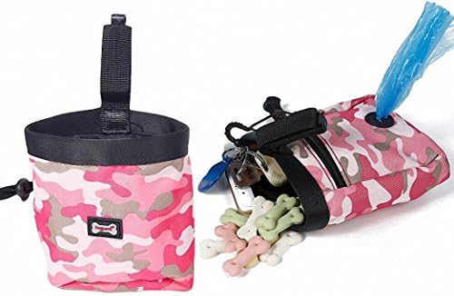 DrecratART Dog Treat Pouch with Clip, Nylon Oxford Zipper Drawstring Tote Bag, Poop Bag Dispenser, Carry Snacks and Toys - Camo Pink