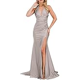 LAGSHIAN Women's Elegant V Neck Halter Backless Bodycon High Split Ruched Long Formal Evening Dress