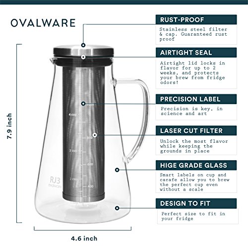 OVALWARE Airtight Cold Brew Iced Coffee Maker Pitcher and Tea Infuser with Spout - 1.0L / 34oz Ovalware RJ3 Brewing Glass Carafe with Removable Stainless Steel Filter