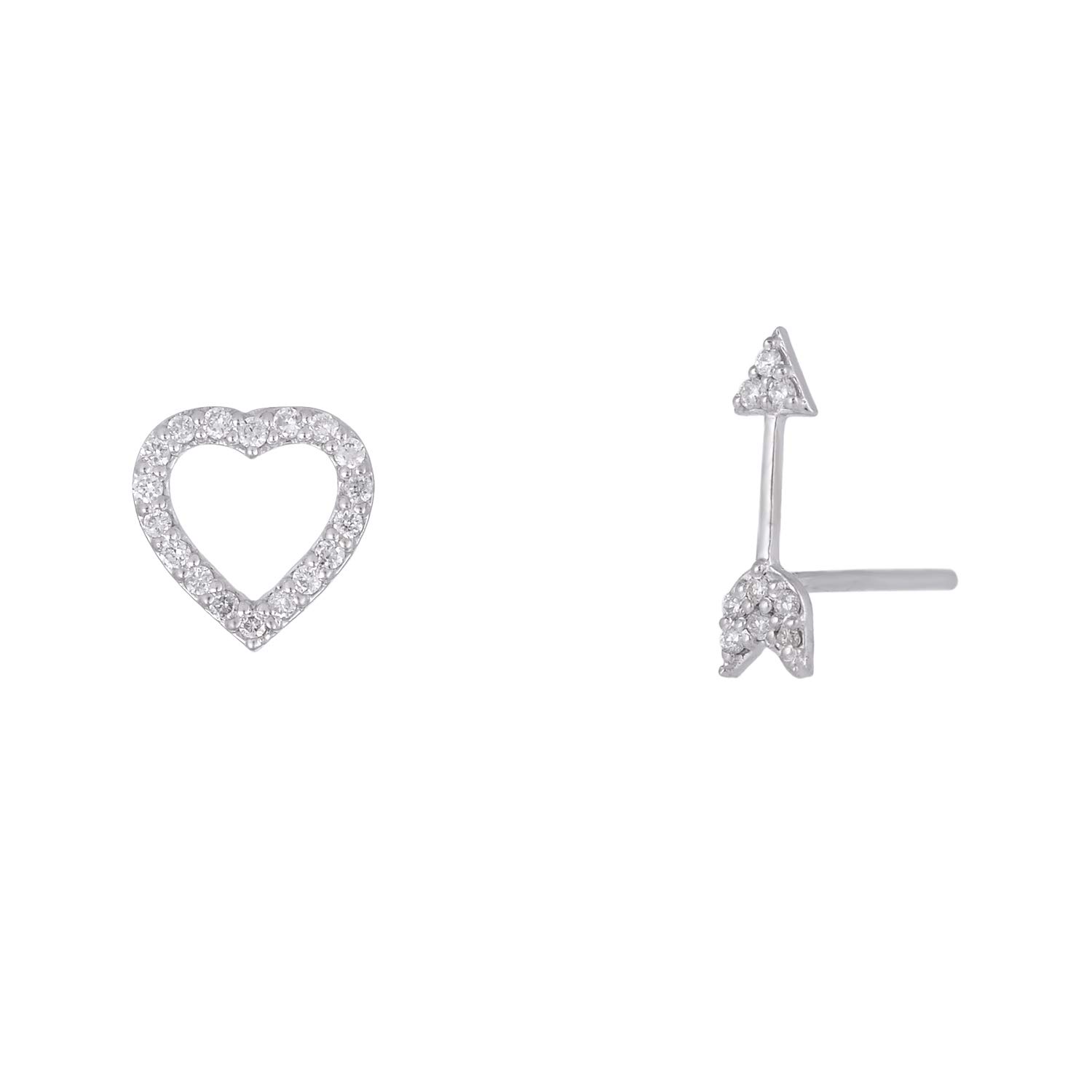 14K White Gold Heart Arrow Stud Earrings Set 0.11 Cts Brilliant Cut Naturaldiamonds (H I Color Si1-Si2 Clarity) Fine Jewelry For Women Gifts